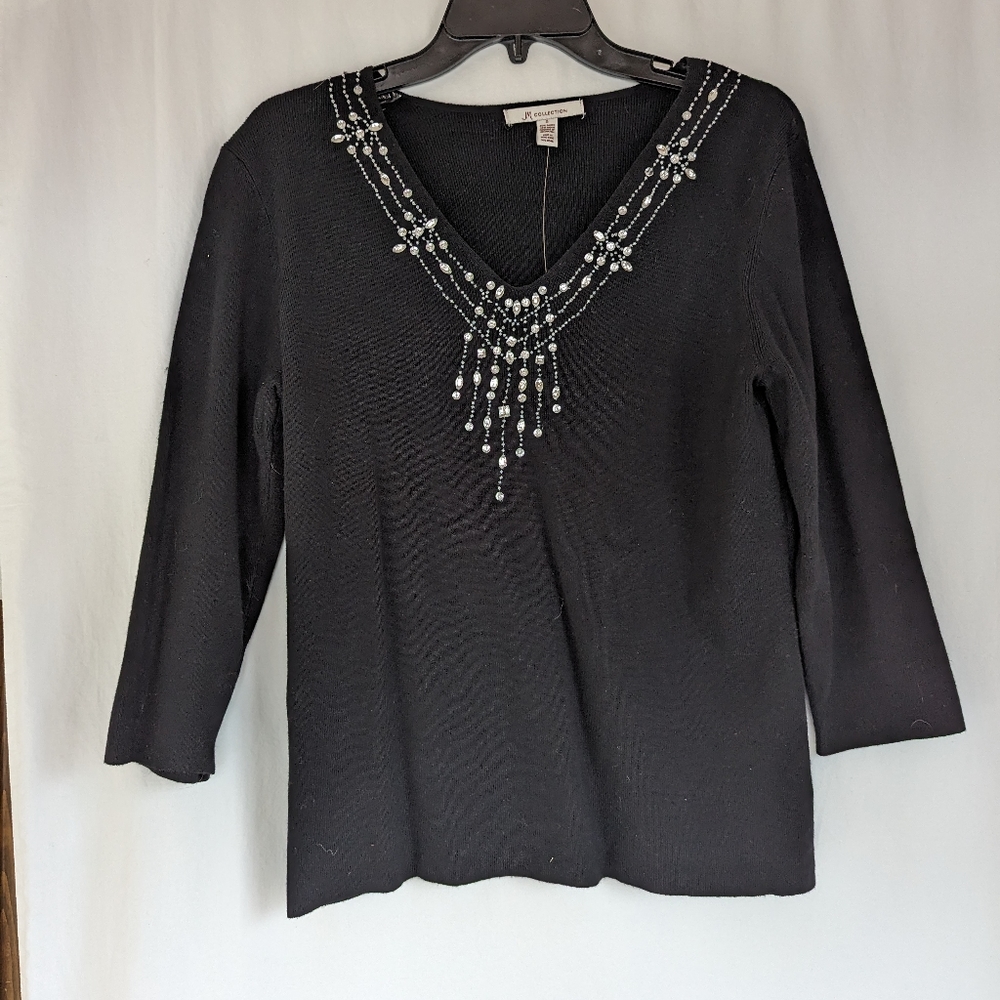 JM Collection Sweater Women's S Pullover Black V-Neck 3/4 Sleeves Sequin NWT